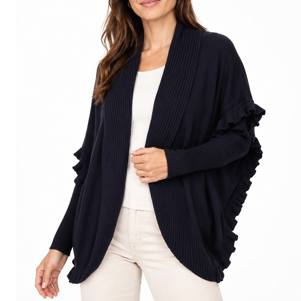 Women's Navy Cardigan One Size Open Front Ruffle Trim Y2K Boho Soft Knit Sweater